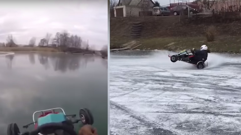 Κάνοντας καρτ σε παγωμένη λίμνη